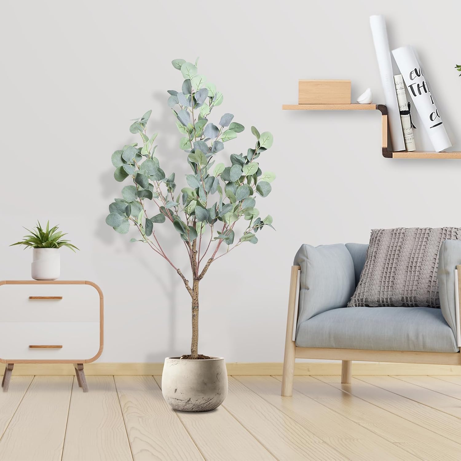 4FT Tall Faux Eucalyptus Tree, Artificial Plants with Realistic Trunk and Lifelike Leaves for Home Office Decor 4FT Fake Eucalyptus Tree for Home House Office Décor