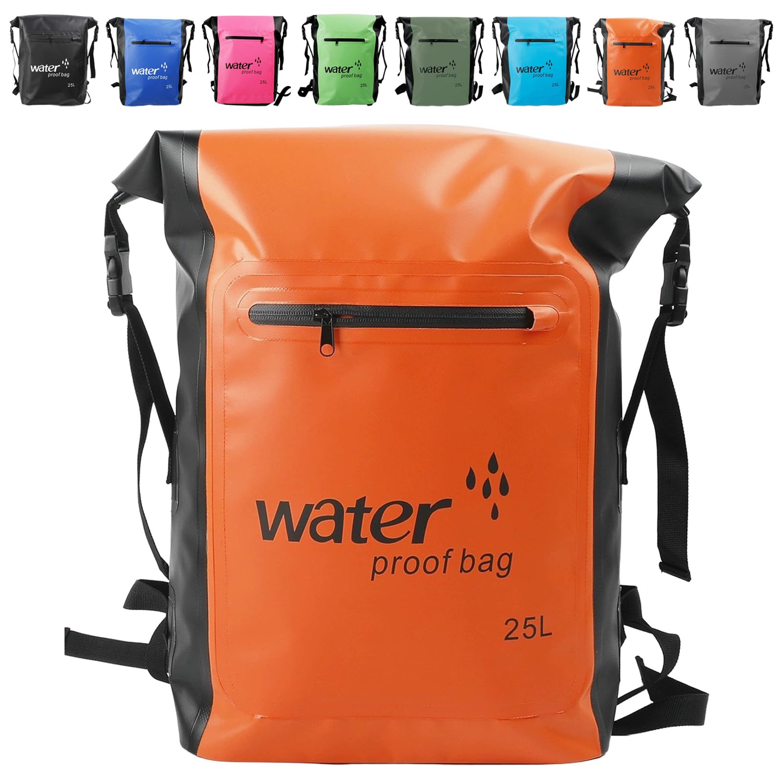 MORAINJAY 25L Waterproof Backpack with Pocket,Large Captity Orange Dry Bag with Long Adjustable Shoulder Strap,500D PVC Reinforced Design Dry Sack for Camping,Swimming,Hiking&Outdoor Adventures