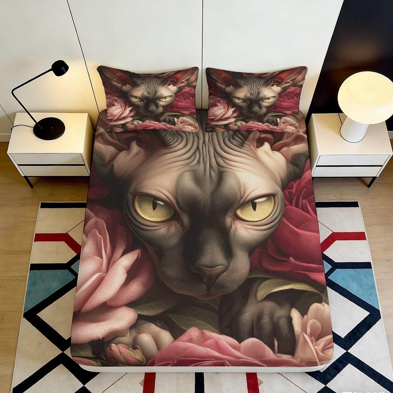 3D Printed Sphynx Cat Floral Fitted Sheet Microfiber Soft Durable 3D Printed Rose Bed Cover for Bedroom Dormitory Guest Room Mattress Protection 160x200x25cm