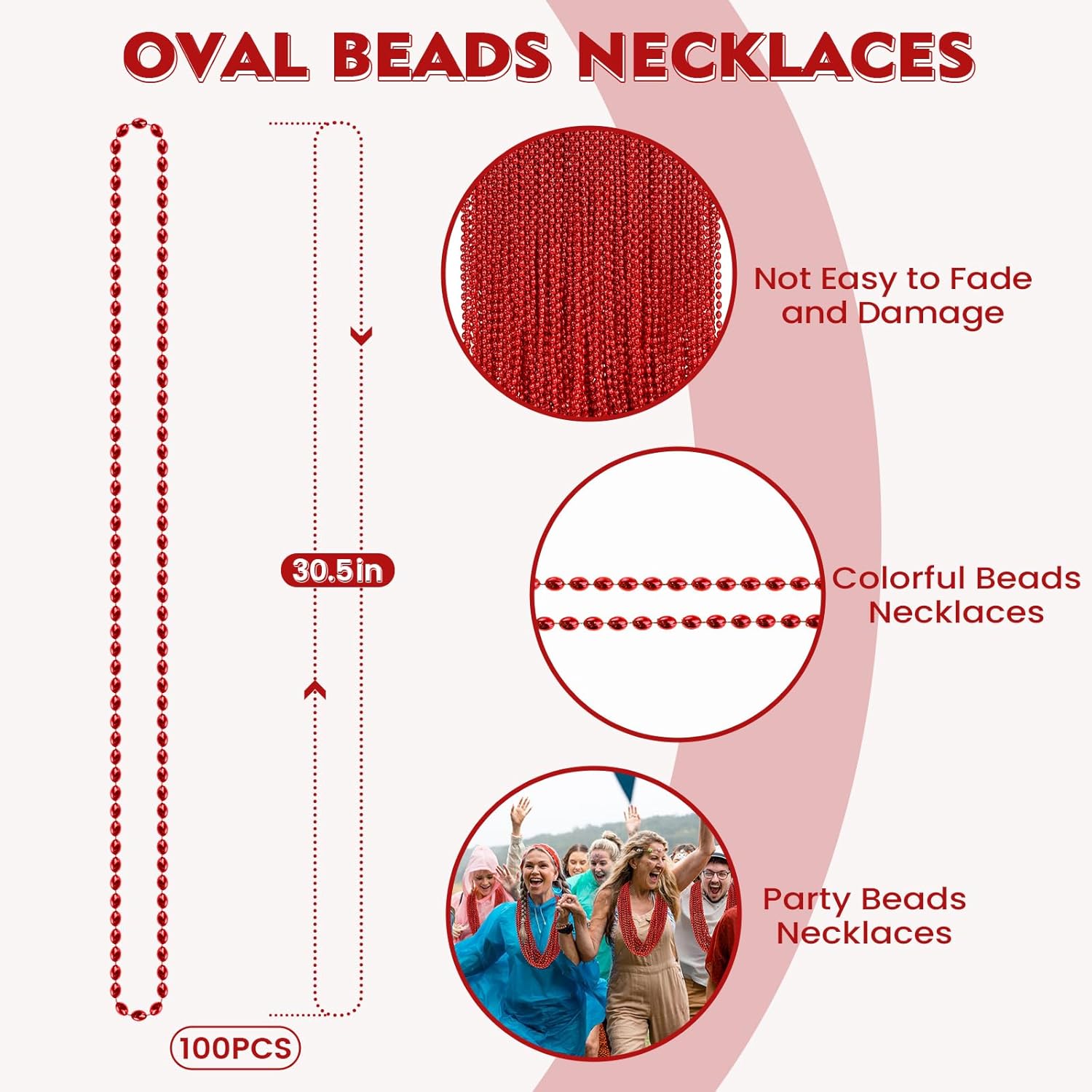 100 PCS Red Mardi Gras Beads, Red Oval Beads Necklaces Christmas Necklaces 30.5" Metallic Beaded Costume Necklaces Party Necklaces for Valentines Christmas Parade Throws Wedding Birthday Party Favors - Image 2