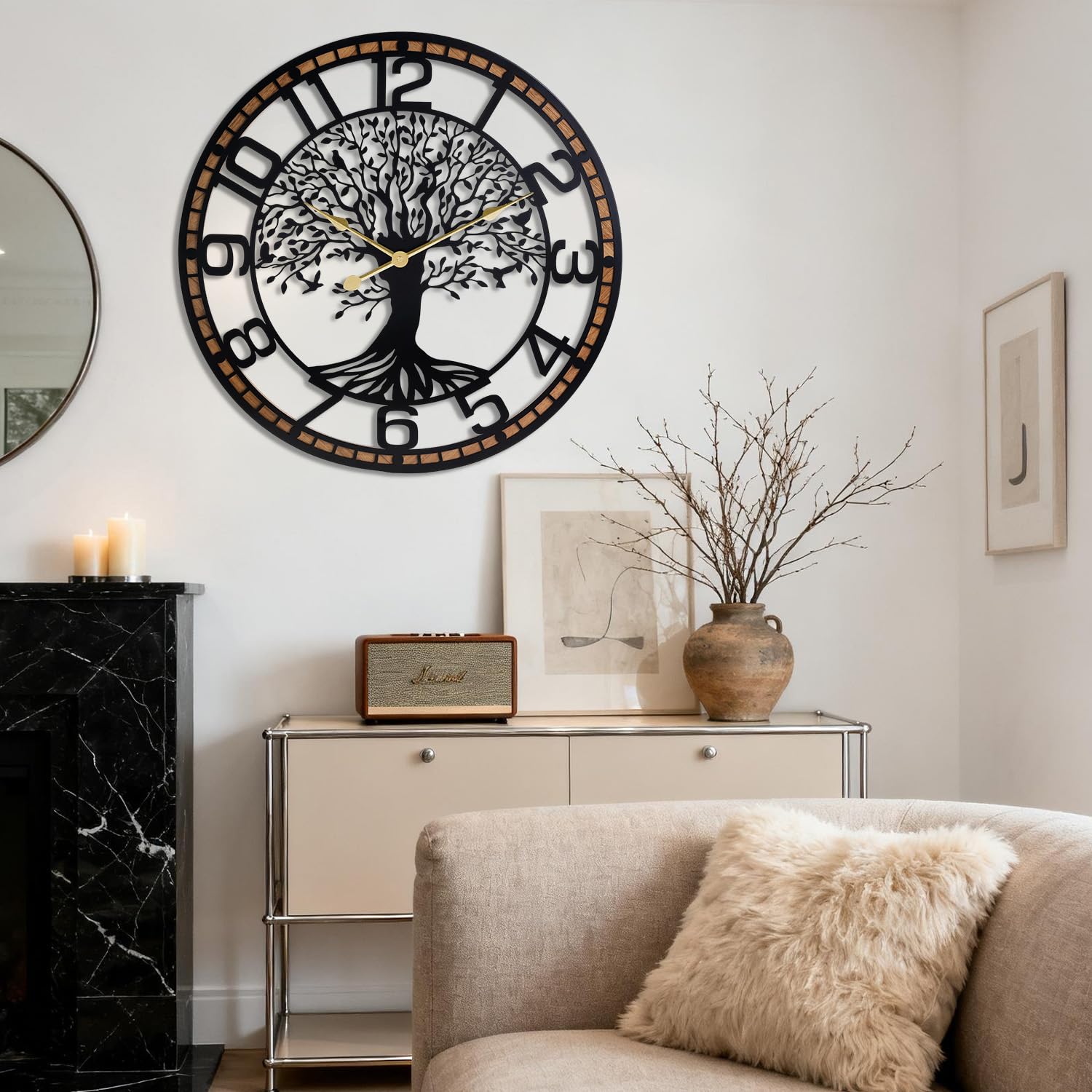 Reloj de pared grande y silencioso, 24 pulgadas, árbol de la vida, metal negro con marco de madera maciza, sin tictac, funciona con pilas, para sala de estar, oficina, dormitorio, cocina, accesorio