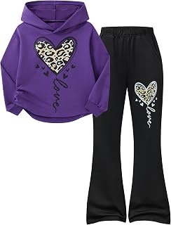 Girls Cute Clothes Hoodies Print Sweatshirts Flare Pants Fall Winter 2 Piece Outfits for Teen Girls Size 6-12Y