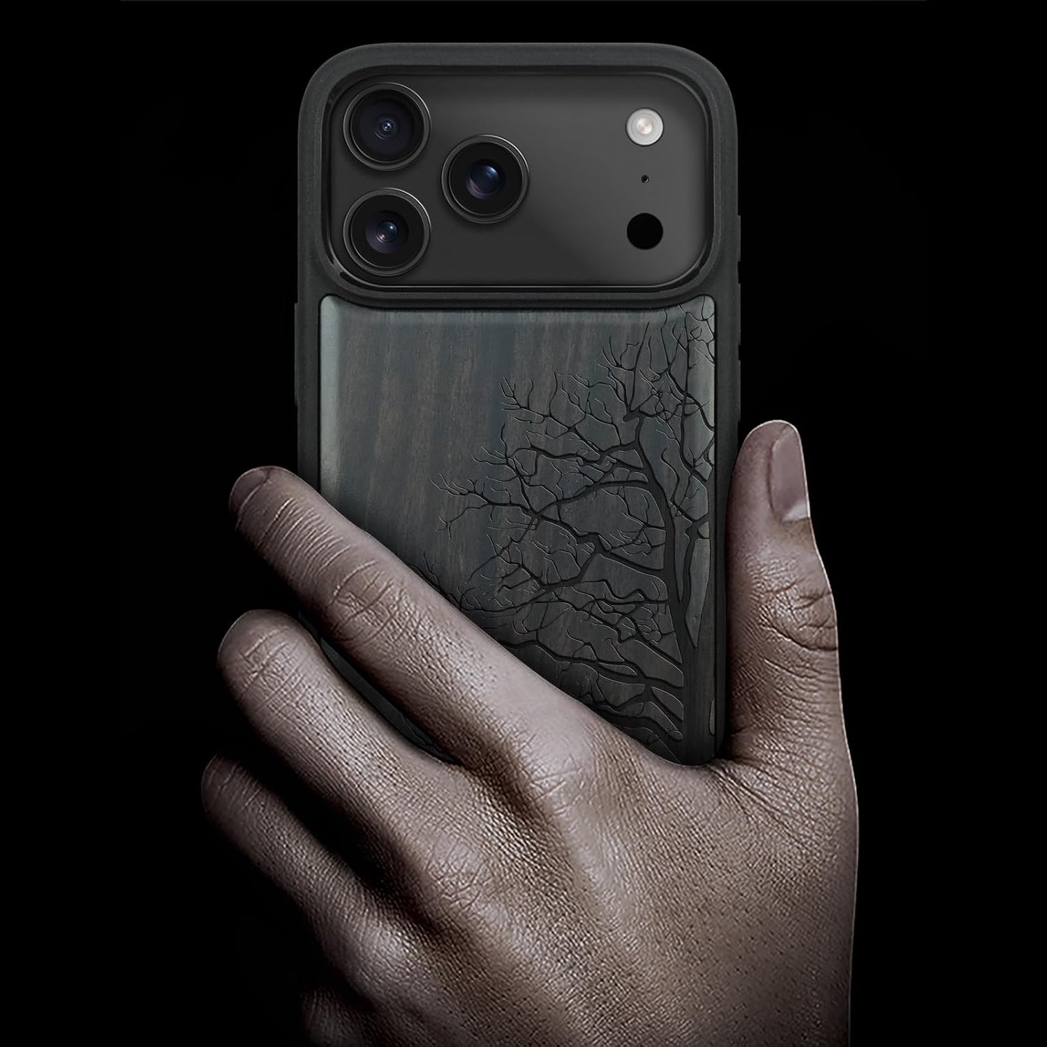 Carveit Magnetic Wooden Case for iPhone 17 Pro Case, Wood Artisan Engraved & Black Soft TPU Shockproof Cover, Compatible with MagSafe Wireless Chargers (The Bare Tree) Blackwood