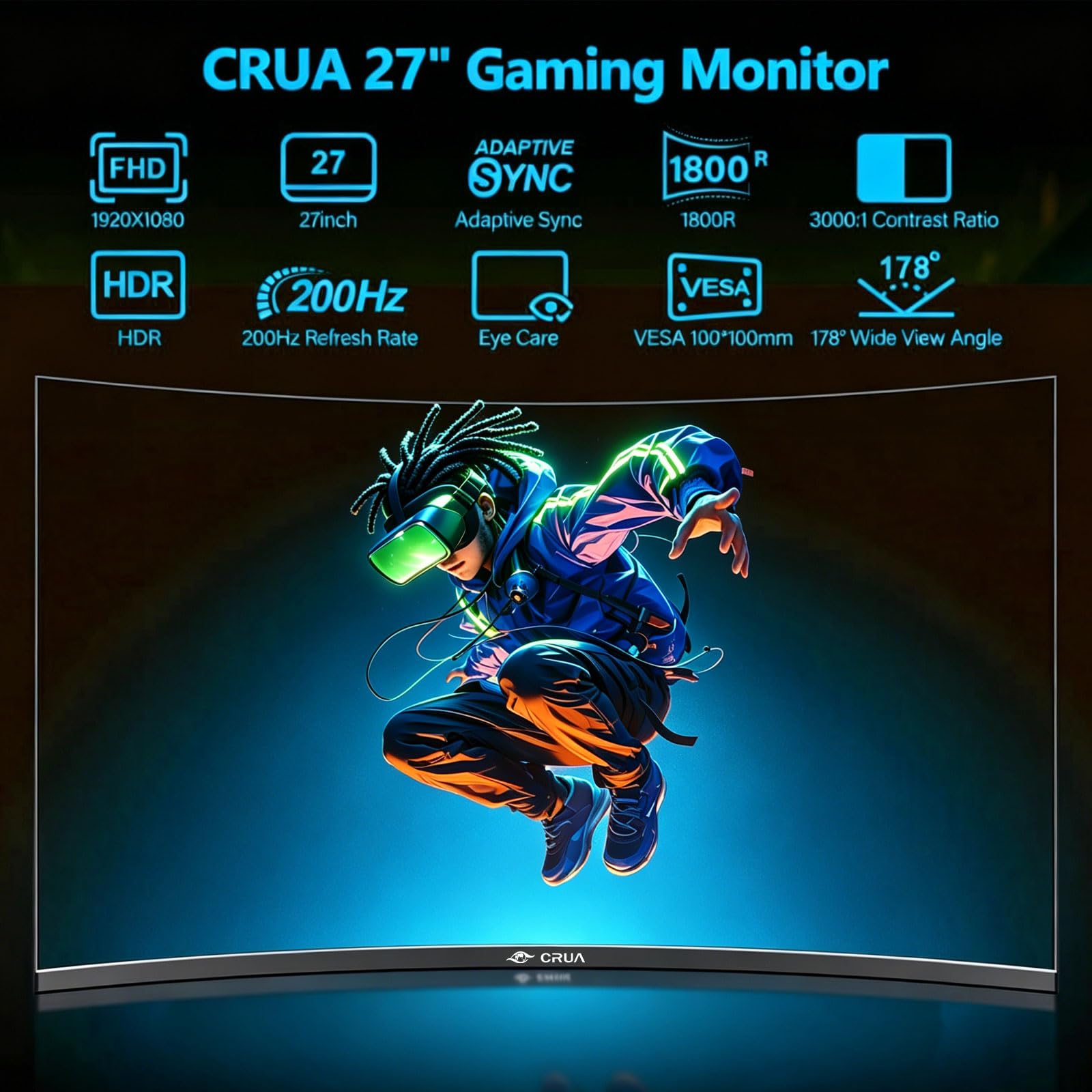 CRUA Monitor da gaming curvo da 27 pollici 144Hz/200Hz, monitor per computer FHD 1920 * 1080P 1800R senza cornice, 1ms GTG con FreeSync, Low Motion Blur, Eye Care, VESA100*100, DisplayPort, HDMI, Nero