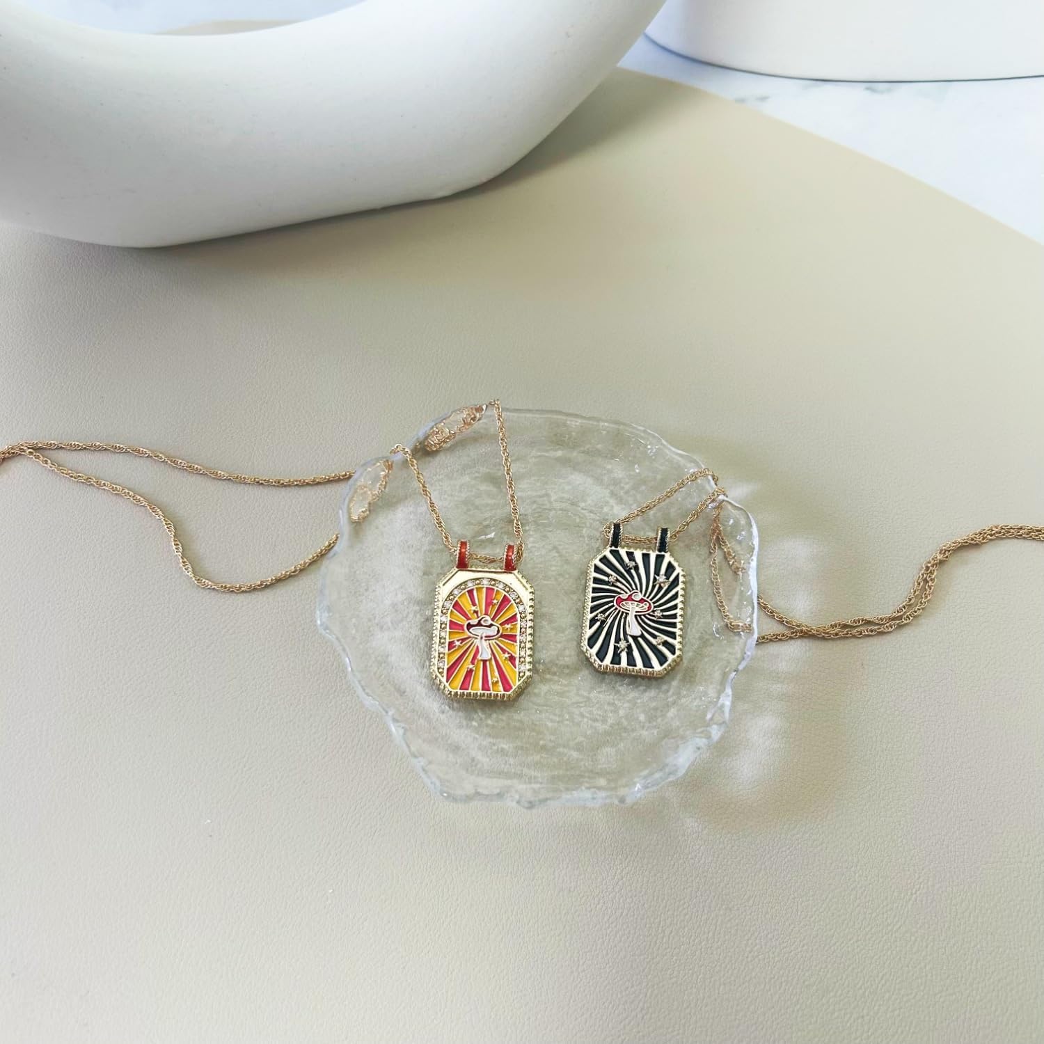 Art Retro Tarot Card Square Card 14K Gold Plated Brass Necklace Sun Moon Eight-pointed Star Love Heart Clover Lucky Grass Mushroom Cartoon Chain