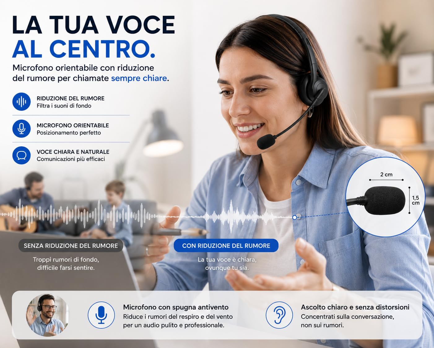 Zane WorkFree Cuffie Wireless con Microfono Bluetooth 5.3, Cuffie per Smart Working e PC, Microfono Orientabile con Riduzione del Rumore, 15 Ore di Autonomia, Compatibili con Teams Zoom Windows Mac