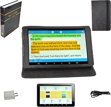 Award Winning Audiobook Speaker Electronic Bible, 8 eReader and Audio Player, with Headphones, Simulated Leather Case with Pocket for Church Notes, Hard Shell Bible Style Gift Box Included. (Black)