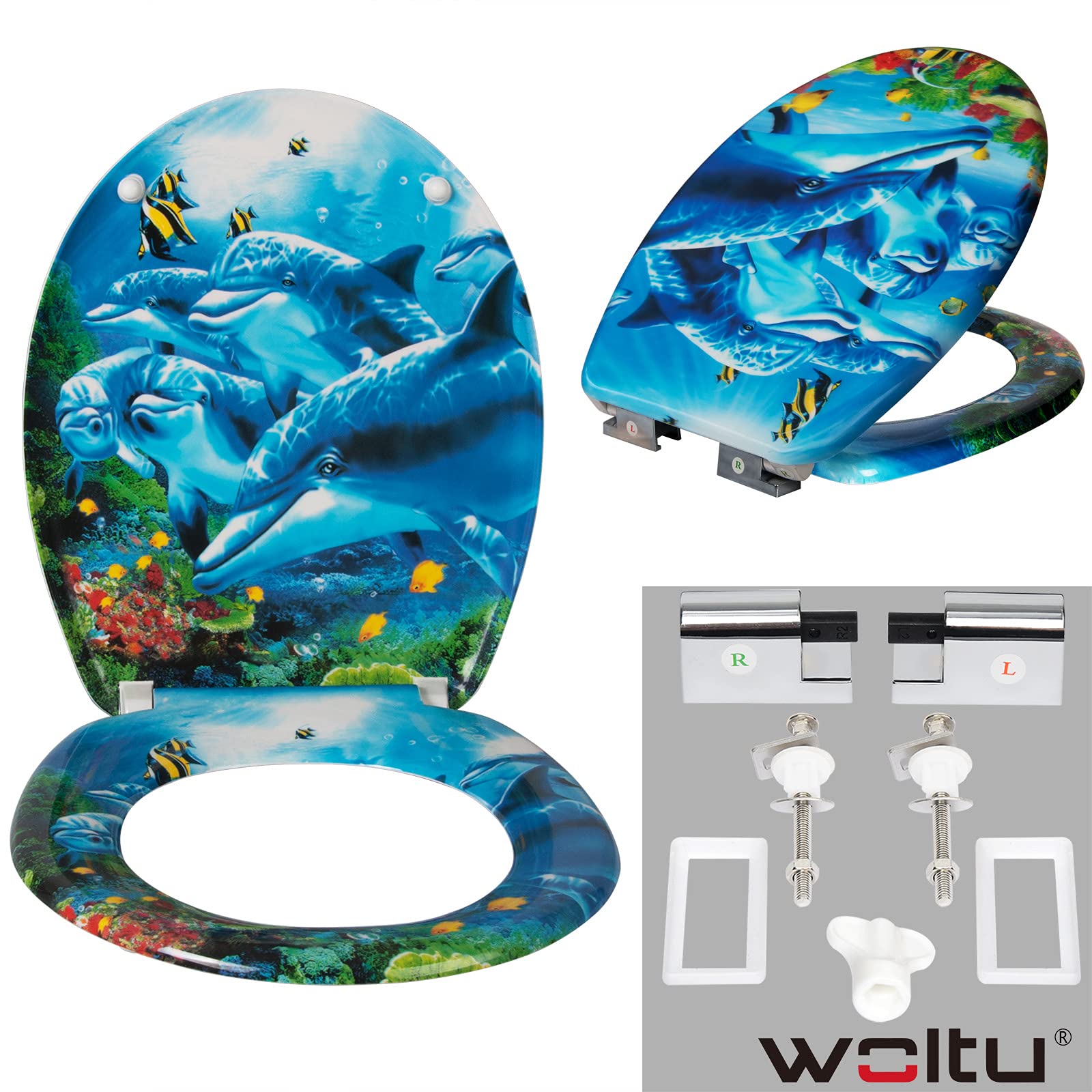WOLTU Deska sedesowa z mechanizmem wolnego opadania, deska sedesowa z motywem, pokrywa toaletowa z duroplastu, stabilna pokrywa klozetowa premium deska sedesowa, owalna, delfin