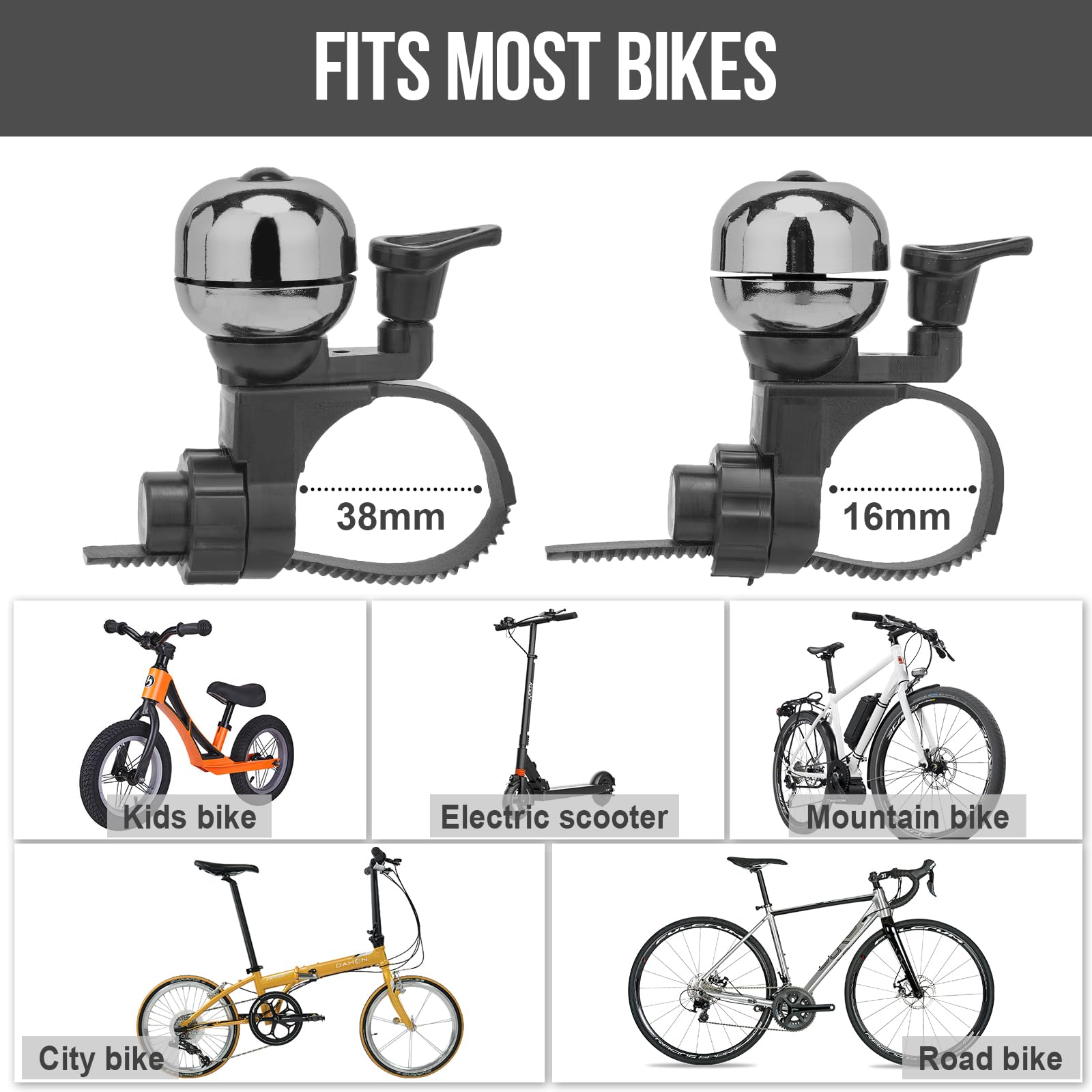 Sonnette De Vélo Ajiteogy – Alliage Cuivre, Son Clair Et Puissant (90-100 DB) – Pour Route, VTT, Enfant – S'installe Sans Outil (Diam. 16-38 Mm)