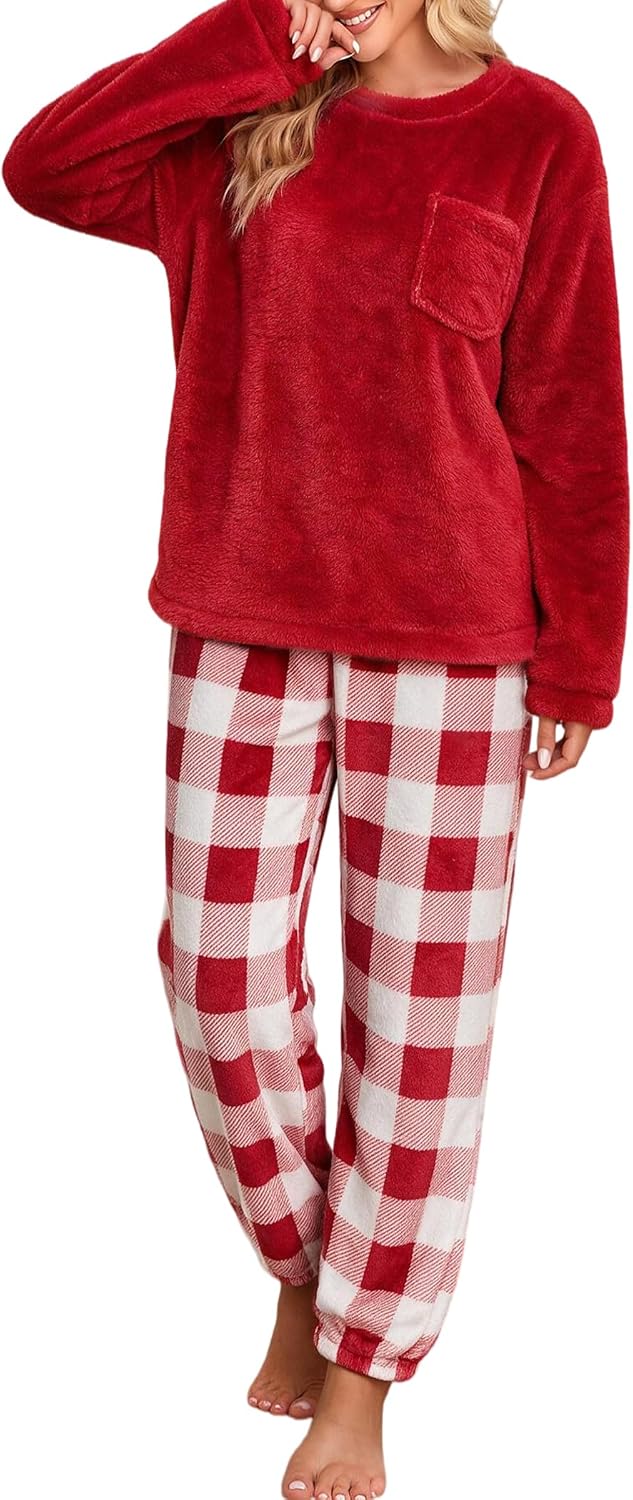 Fleece Womens Pajama Sets Fluffy Pajama Soft Comfy Pjs Pullover Plaid Pants Pocket Plush Winter Warm Sleepwear Lounge