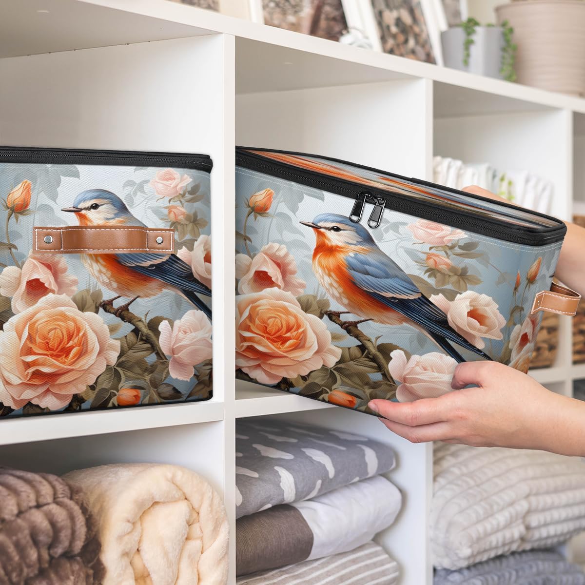 Storage Bin Set of 2 Bird Flower Storage Basket with Zipper Lid & Handle Foldable Closet Shelf 2 Pack Cloth Organizer Basket Cube Bins Clothes Organizer for Bedroom, Nursery