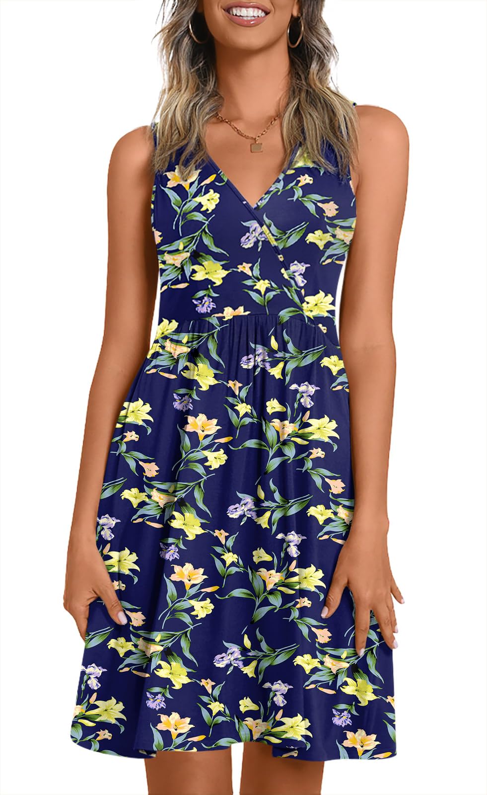 CATHY Women V Neck Sleeveless Dresses with Pockets Summer Sundress S-2XL