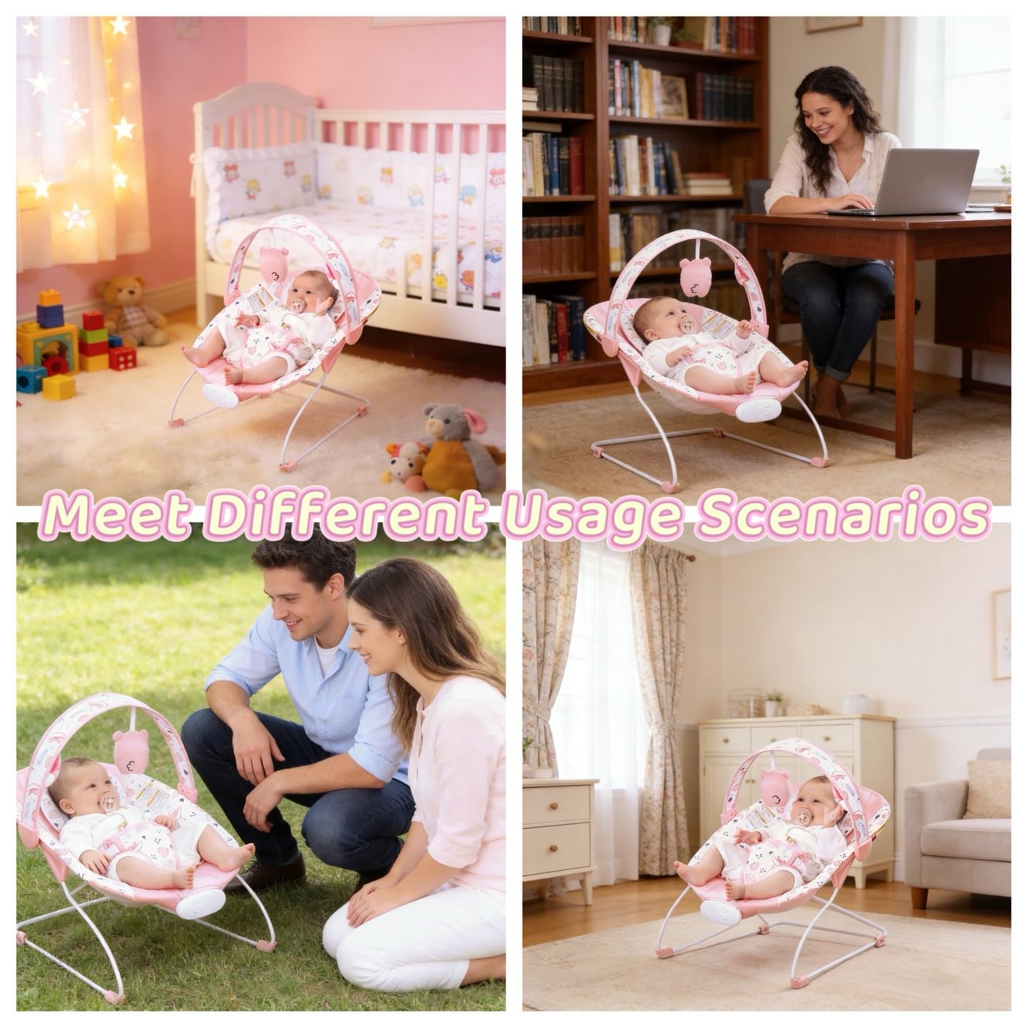 Portable Baby Bouncer Seat with 8 Melodies, 3 Vibration Levels & Adjustable Volume, Foldable Infant Bouncer Rocker with Safety Harness for Baby 0-6 Months, Indoor & Outdoor Use BR2402