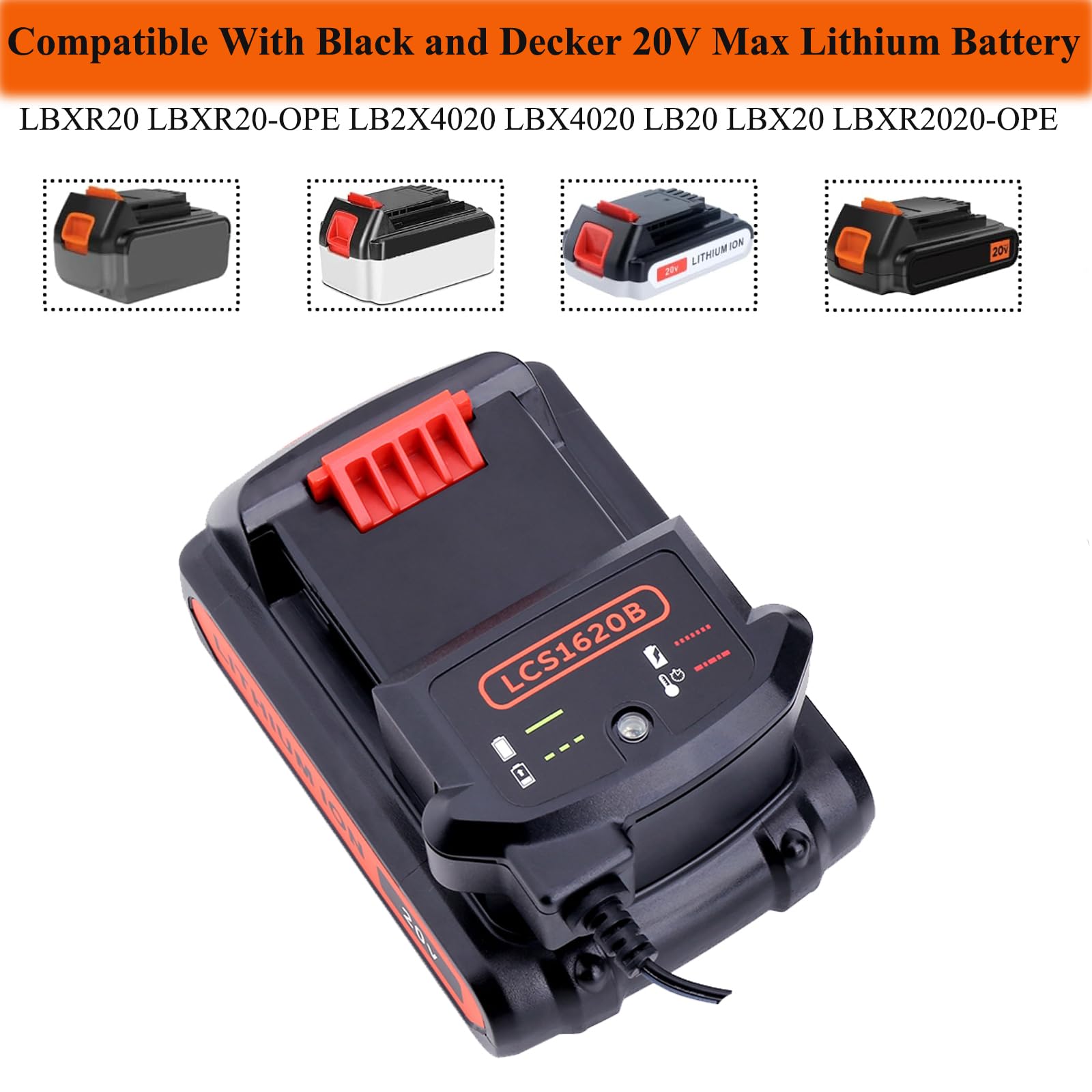 20V MAX Lithium Battery Charger Replacement for Black Decker LCS1620B,Compatible with Black and Decker 20Volts Li-ion Battery LBXR20 LBXR20-OPE LB2X4020 LBX4020 LB20 LBX20 LBXR2020-OPE