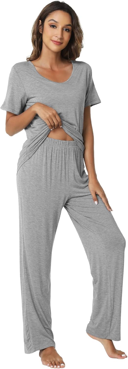 WiWi Womens Viscose from Bamboo Pajamas Set 2 Piece Soft Top with Long Pants Pjs Sleepwear Lightweight Loungewear Sets S-XXL - Image 3