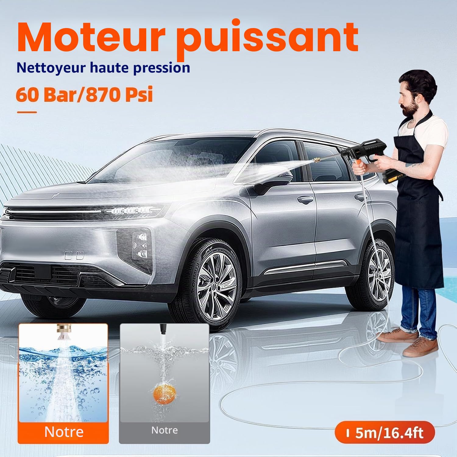 Nettoyeur Haute Pression sans Fil, 21 V, 60 Bar, Mobile, avec 2 Batteries, buse Multifonction 3 en 1, Tuyau de 5 m, pour Voiture, terrasse, fenêtre avec Seau