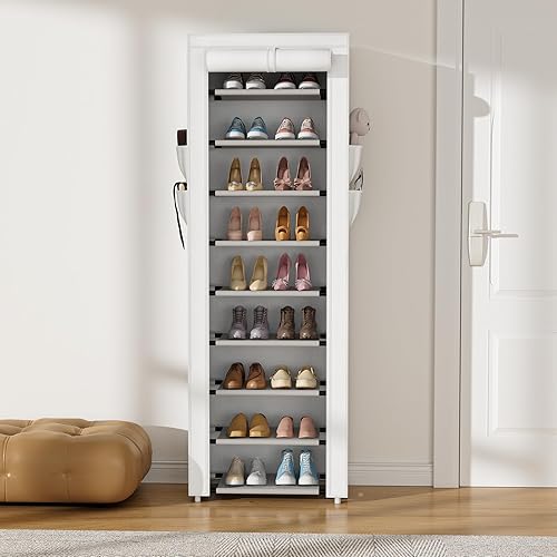 Miniatura 2 de Zapatero con cubierta, organizador estrecho de zapatos con 4 bolsillos laterales, estante de almacenamiento de zapatos de 10 niveles de altura con