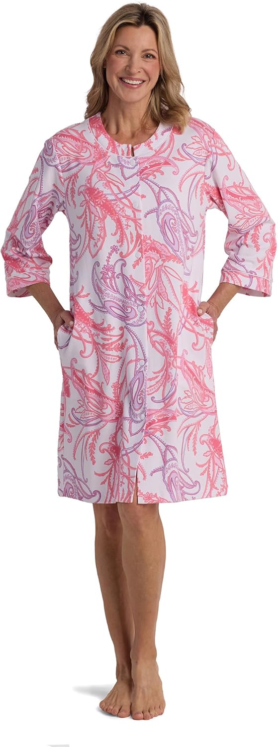 Miss Elaine Women's Interlock Knit Robe, Snap Front and Short Sleeves ...