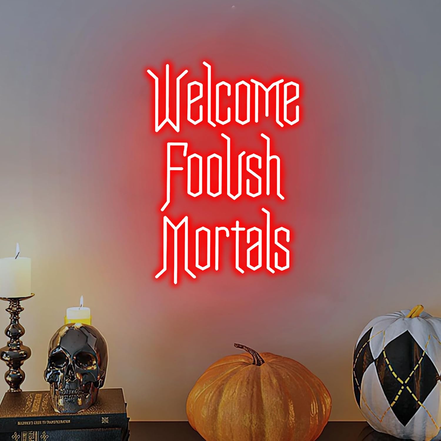 Welcome Foolish Mortals Neon Sign 23inches Led Goth Halloween Neon Light Signs for Wall Decor Halloween, Home Bedroom, Birthday Party, Bar Shop