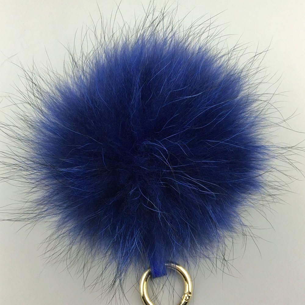 6" Large Fluffy Genuine Fur Pom Pom Handmade puffy Keychain Ball Car Keyring/Bag Purse Charm (Blue)