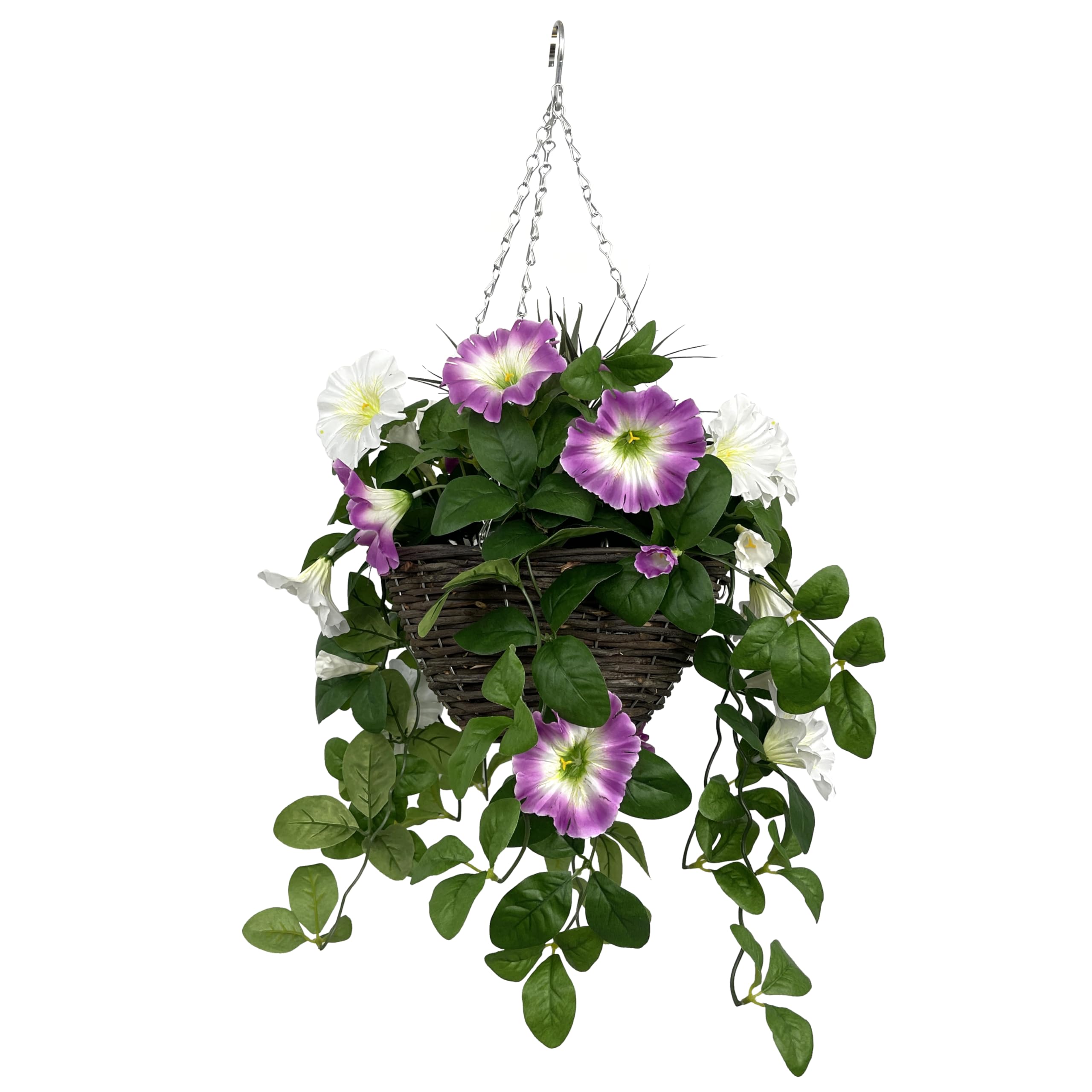 GreenBrokers Artificial Pink & White Petunia Round Rattan Hanging Basket (25cm)