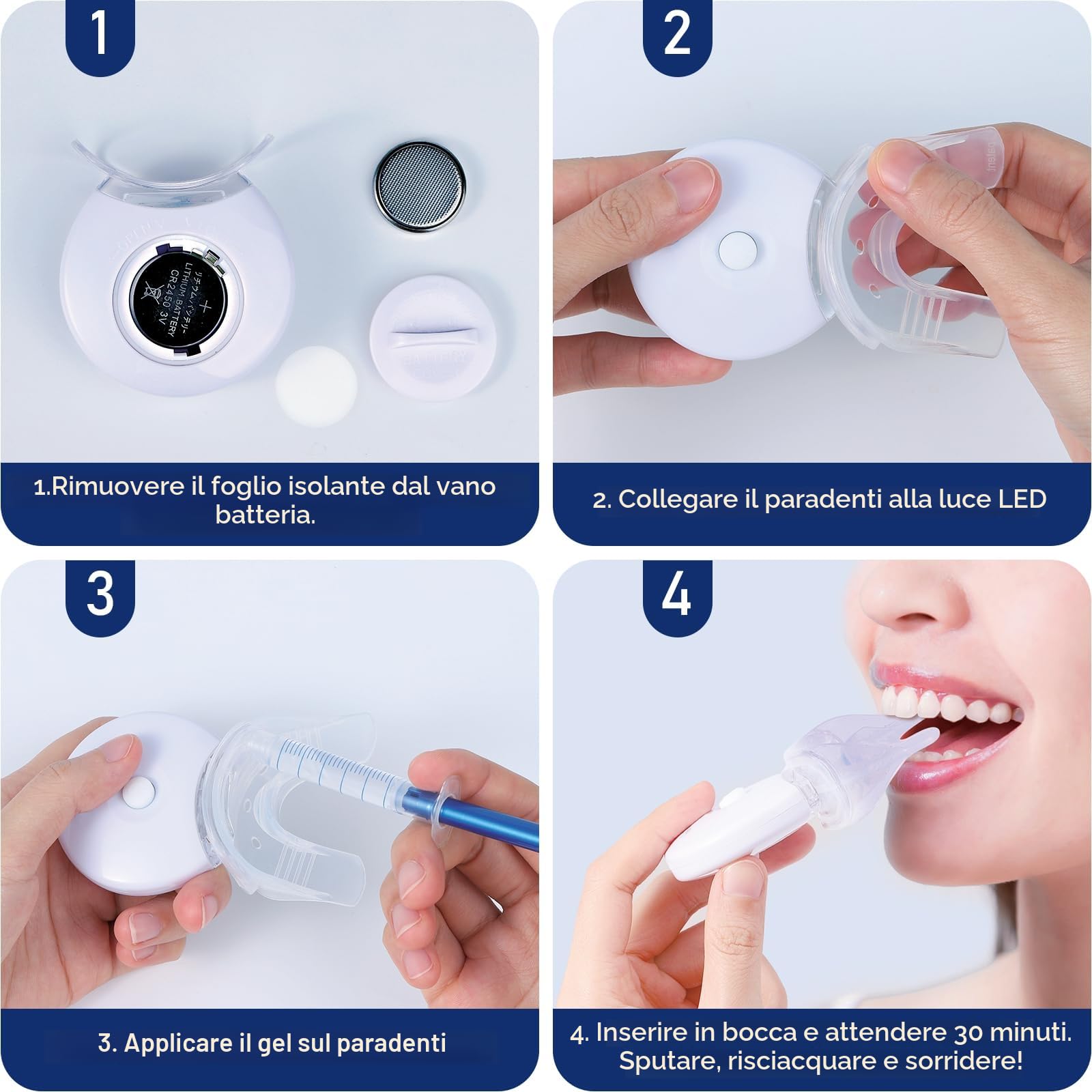 Kit Sbiancante Denti Professionale - Sbiancamento Denti LED 6 Gel + 2 Gel Desensibilizzanti, Rimuove Macchie Profonde