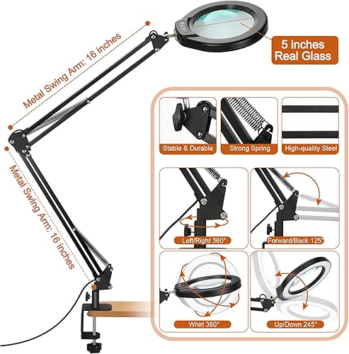 Miniatura 6 de VEEMAGNI Lupa grande de 5 pulgadas con luz y soporte, 5 modos de color regulable continuo, lámpara de escritorio con abrazadera LED de brazo