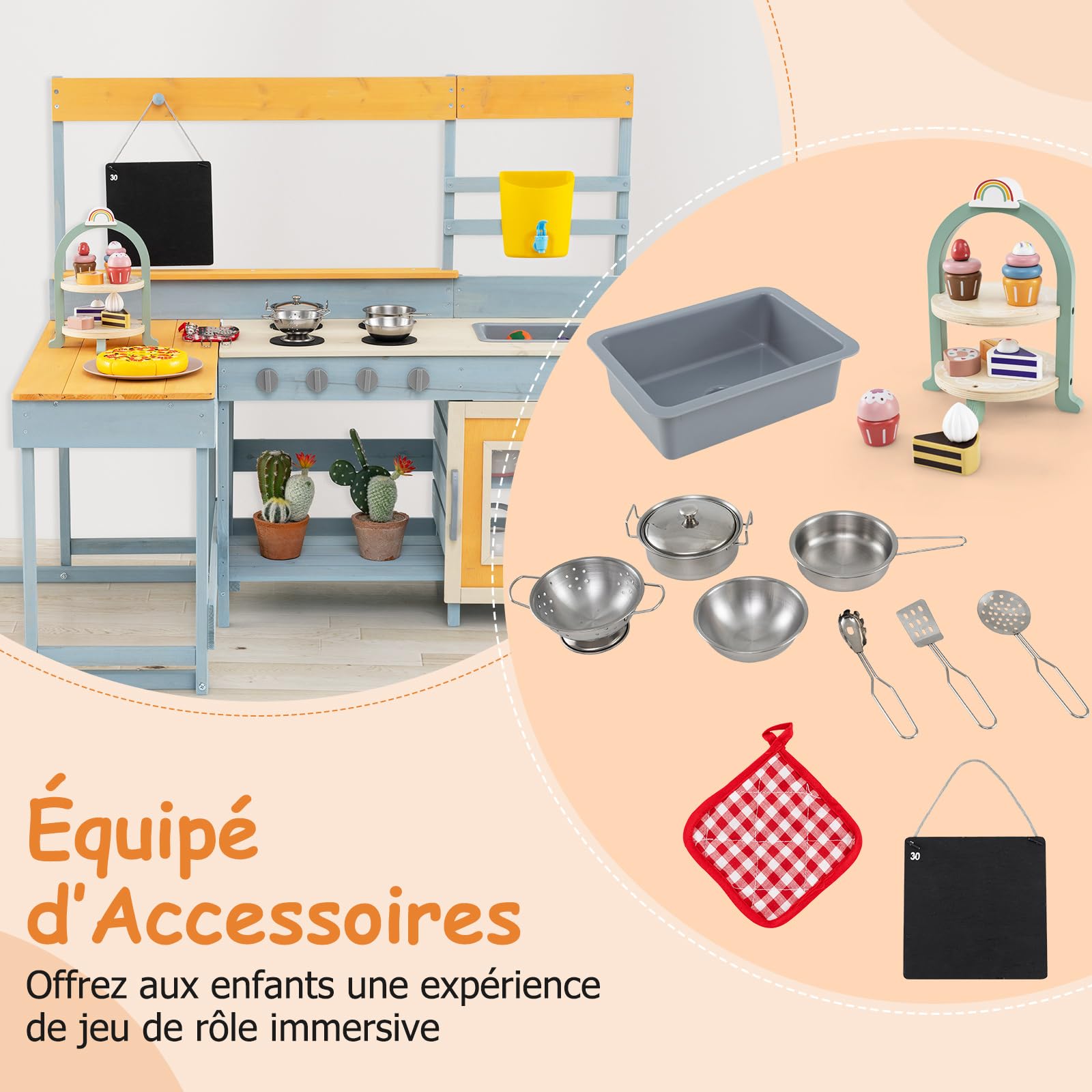 COSTWAY 2 en 1 Cuisine Extérieure Enfant avec Tableau Noir & Table de Pique-Nique, Cuisine de Boue en Bois de Sapin avec 7 Desserts & 8 Ustensiles, Jeu d'Imitation Boueuse pour Jardin Balcon, 3 Ans+