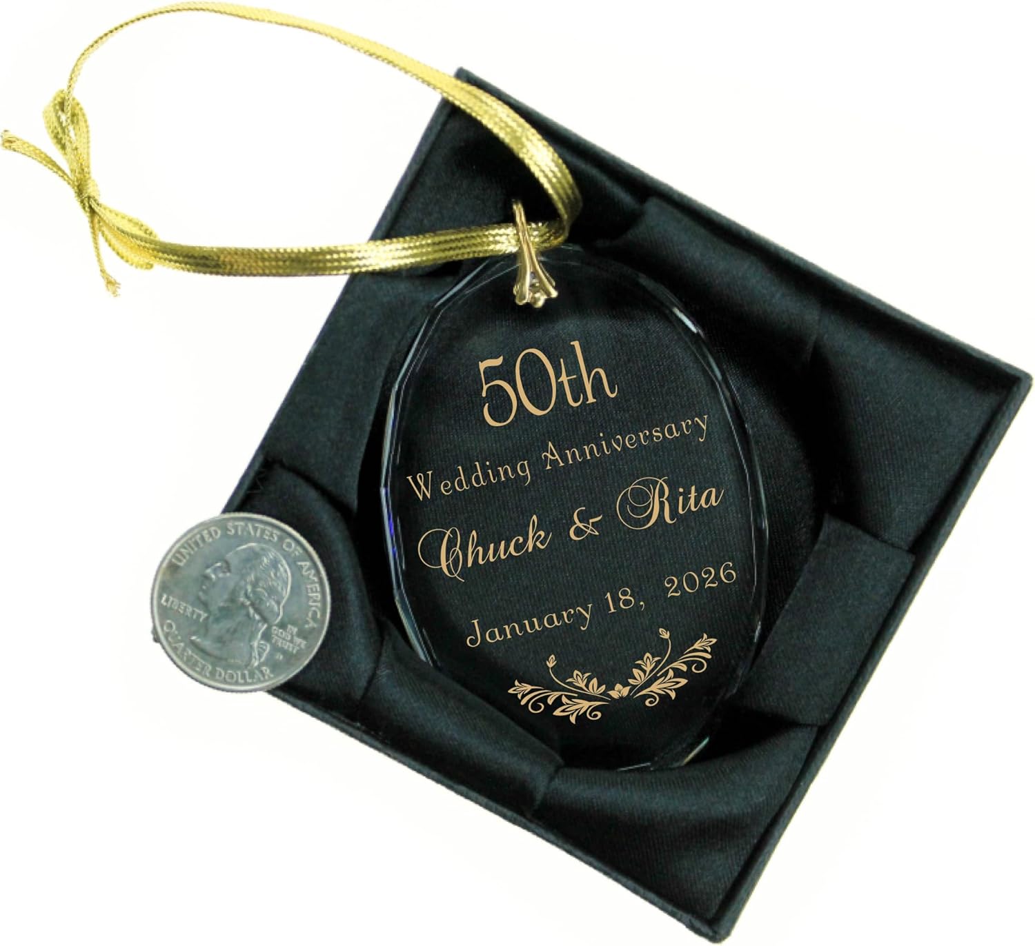 Gold 50th Golden Wedding Anniversary Personalized Keepsake Glass Oval Christmas Ornament Any Anniversary Year Available