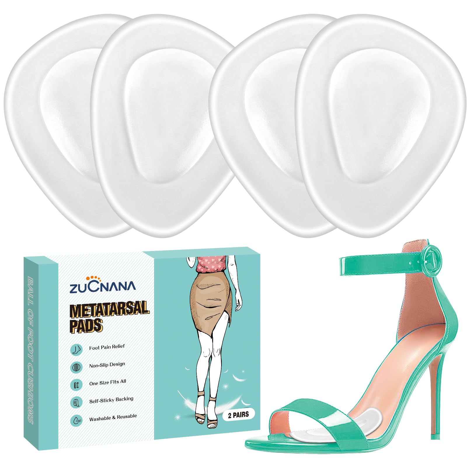 ZUCNANA Almohadillas metatarsianas para mujer, almohadillas de bola de pie para talones, almohadillas de gel suave para mayor comodidad y alivio del dolor de pies, almohadillas antideslizantes para