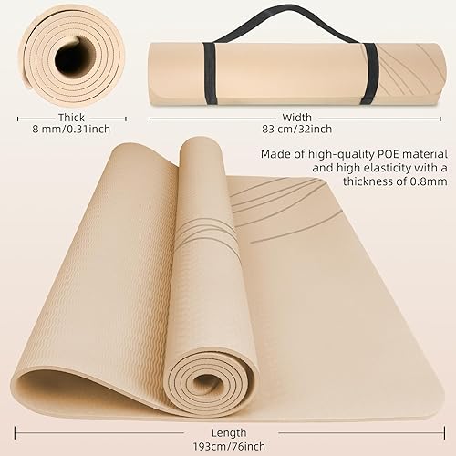 Miniatura 3 de Tapete de yoga grande grueso, 76 x 32 x 0.31 pulgadas de ancho, tapete de ejercicio POE con superficie antideslizante y correa de transporte,