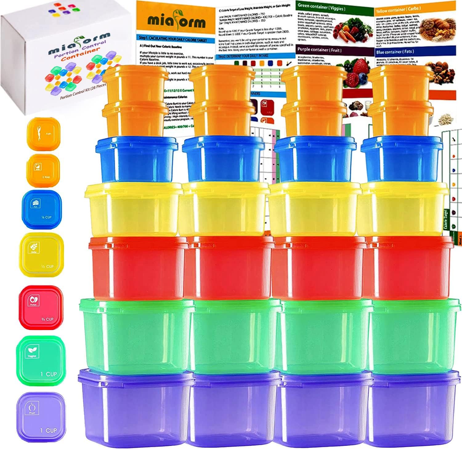 miaform Portion Control Container and Food Plan (Labeled 28 Pcs) - 21 Day Portion Control Container Kit- 21 Day Tally Chart with e-Book