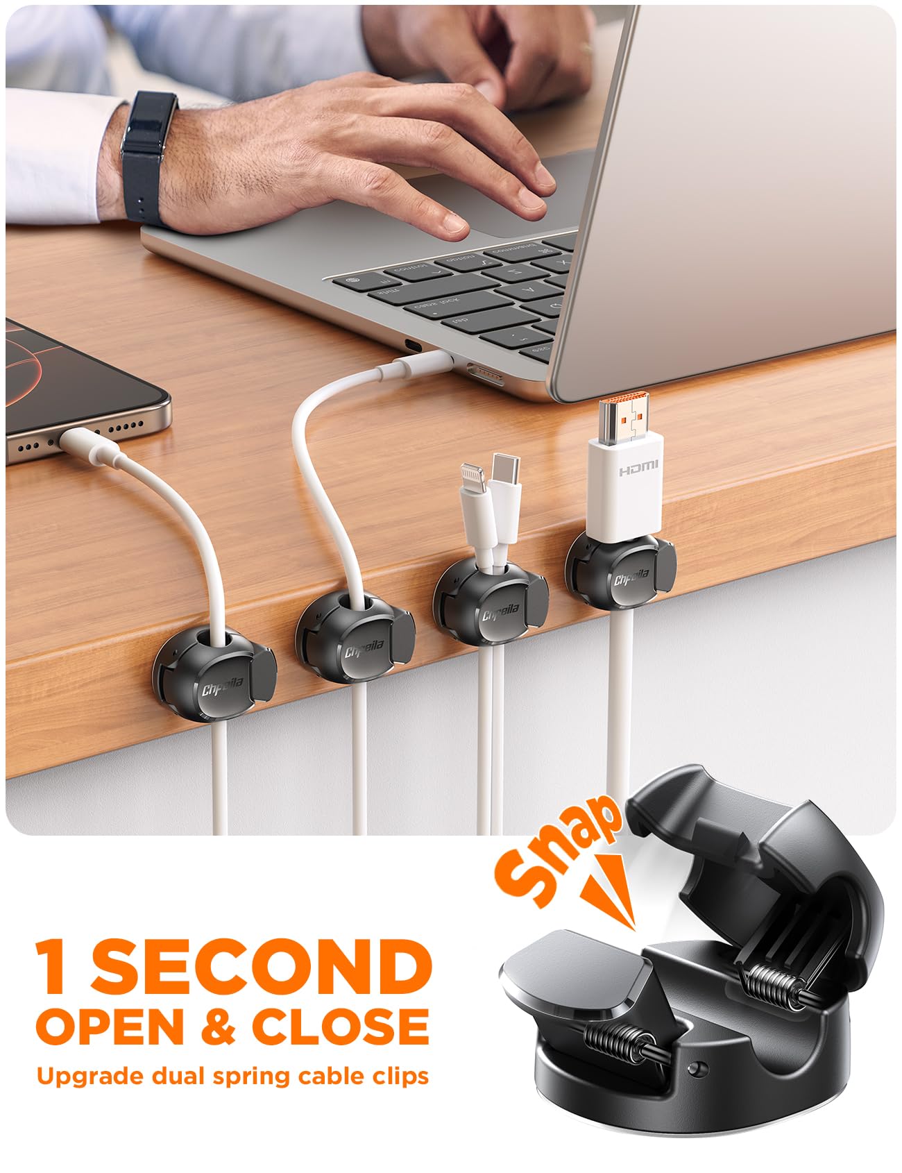 8Pack Cord Organizer Dual Spring Clasp Max Secure Cable Clips - Chfeila Cable Management Adhesive Phone Charging Wire — view 2