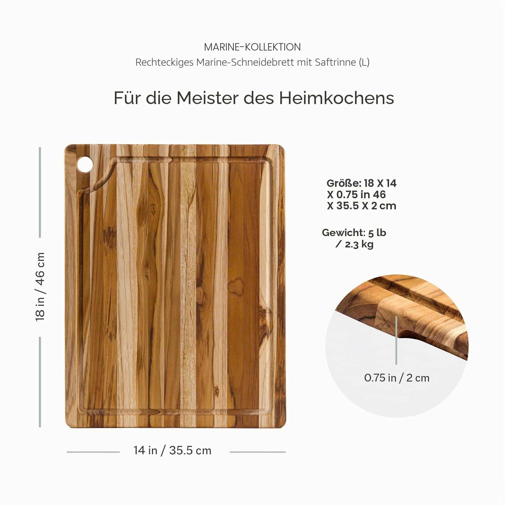 Teakhaus Marine Schneidebrett mit Saftrille, 46×36×2 cm, FSC-Teakholz | Holzbrett mit Aufhängevorrichtung, messerfreundlich, langlebig, für Fleisch, Gemüse und Kräuter geeignet