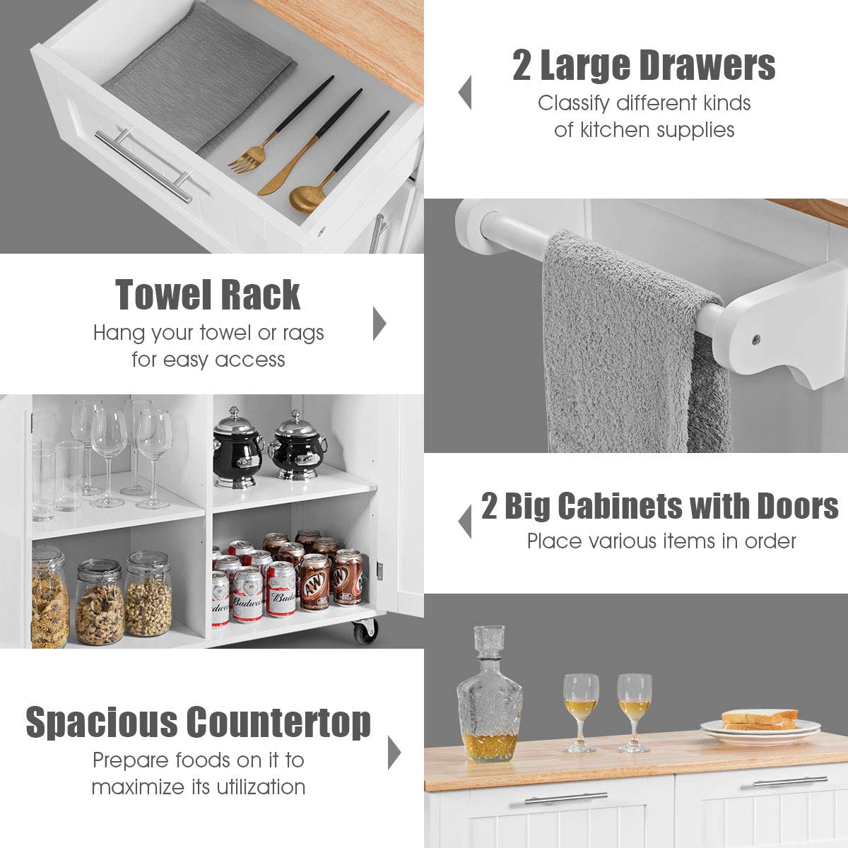 KOMFOTTEU Carrello da cucina con piano di lavoro, isola da cucina con ruote, carrello da portata con 2 cassetti e porte, carrello grande in legno, carrello da cucina, 94 x 45,5 x 94,5 cm (bianco)