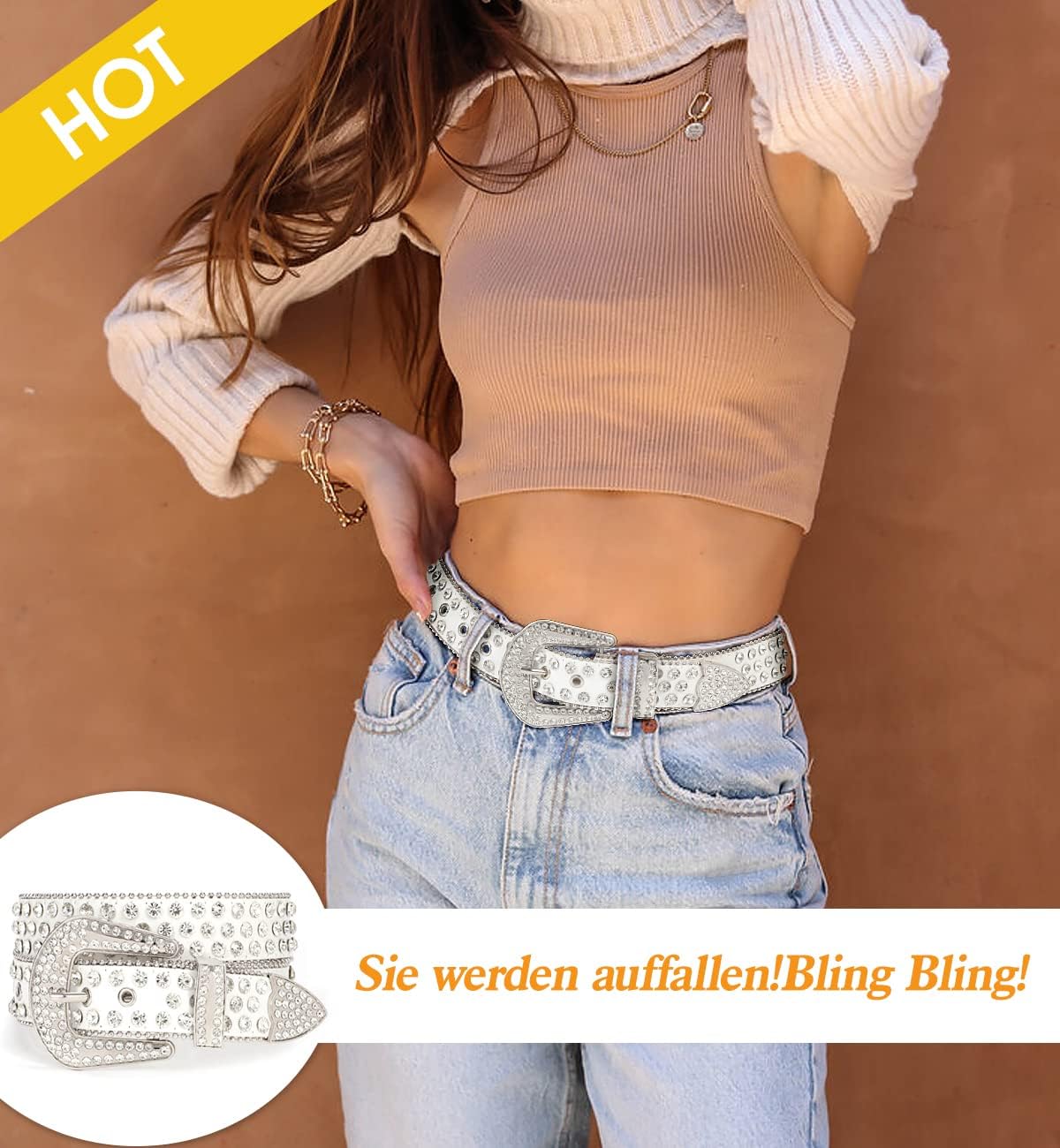 SUOSDEY Rhinestone Belt for Men Women Western Cowboy Cowgirl Bling Studded Leather Belt for Jeans Pants - Image 5