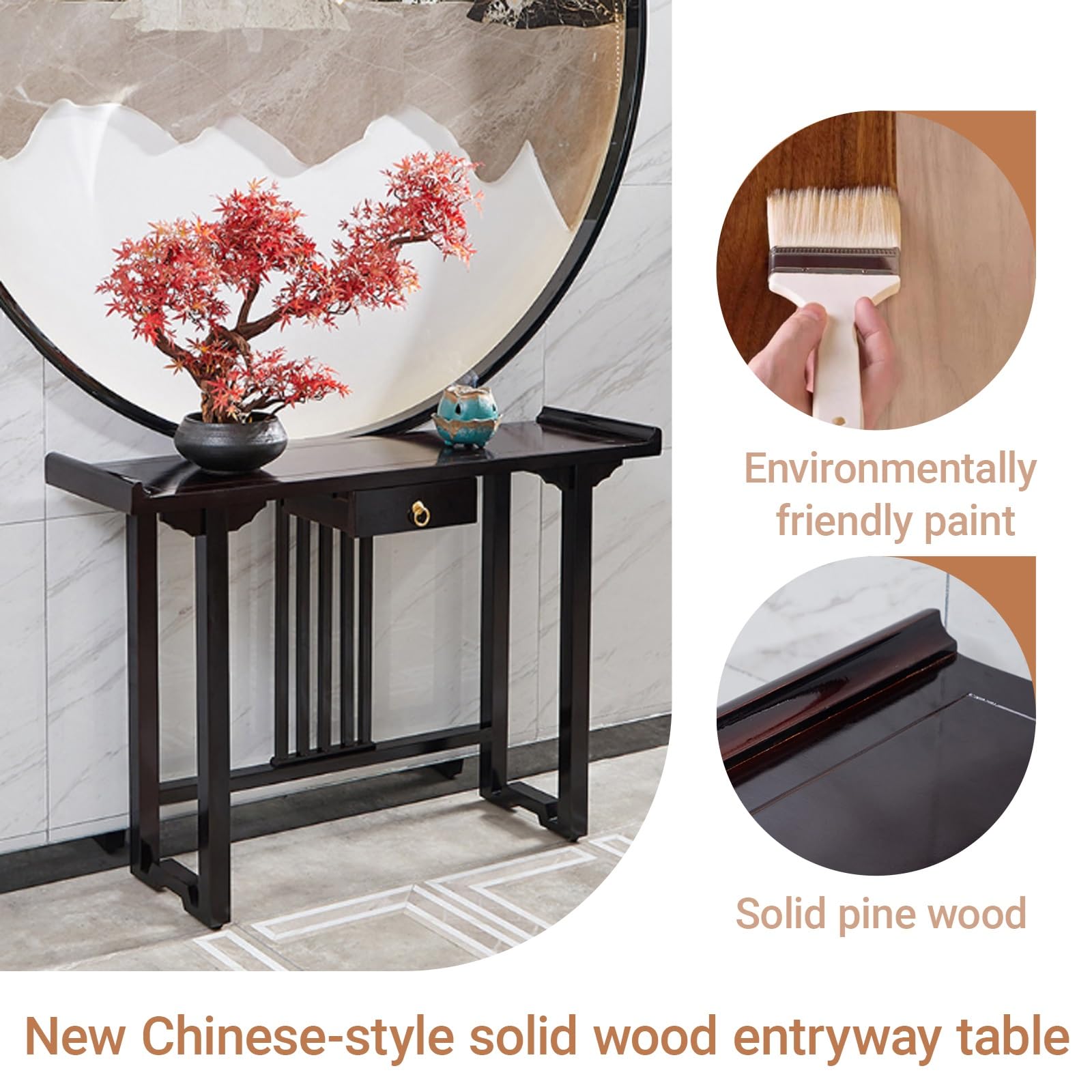 Console da ingresso in legno massello stile cinese moderno, tavolo consolle moderno per ingresso e soggiorno con cassetti, consolle lunga vintage stile altare(80cm/31.5in)