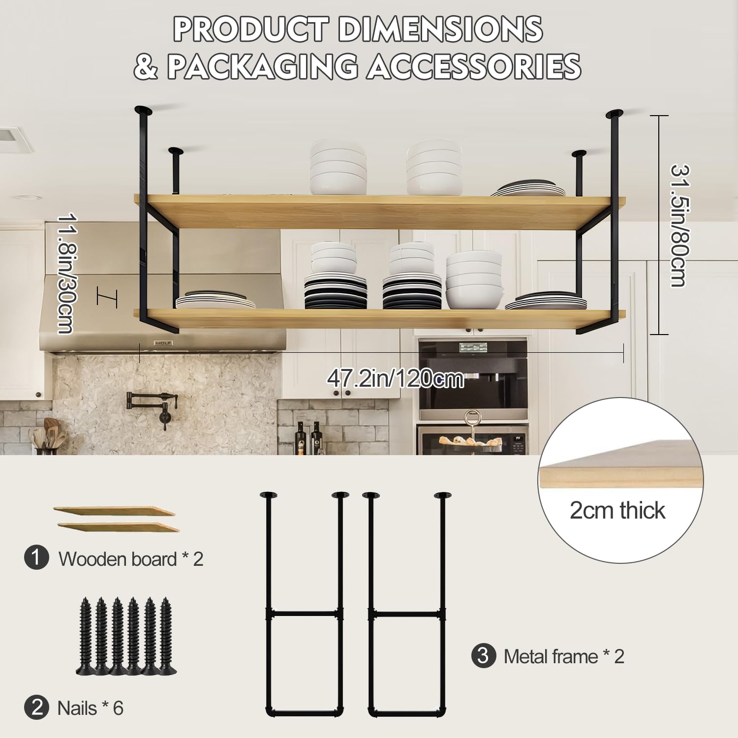 Étagère de Plafond Suspendue Suspendu Industriel à 2 Couches Casier à Vin de Plafond Rétro en Métal Suspendue Support de Rangement pour Bars Café Plantes Bibliothèque restaurant cuisine (GOLD )