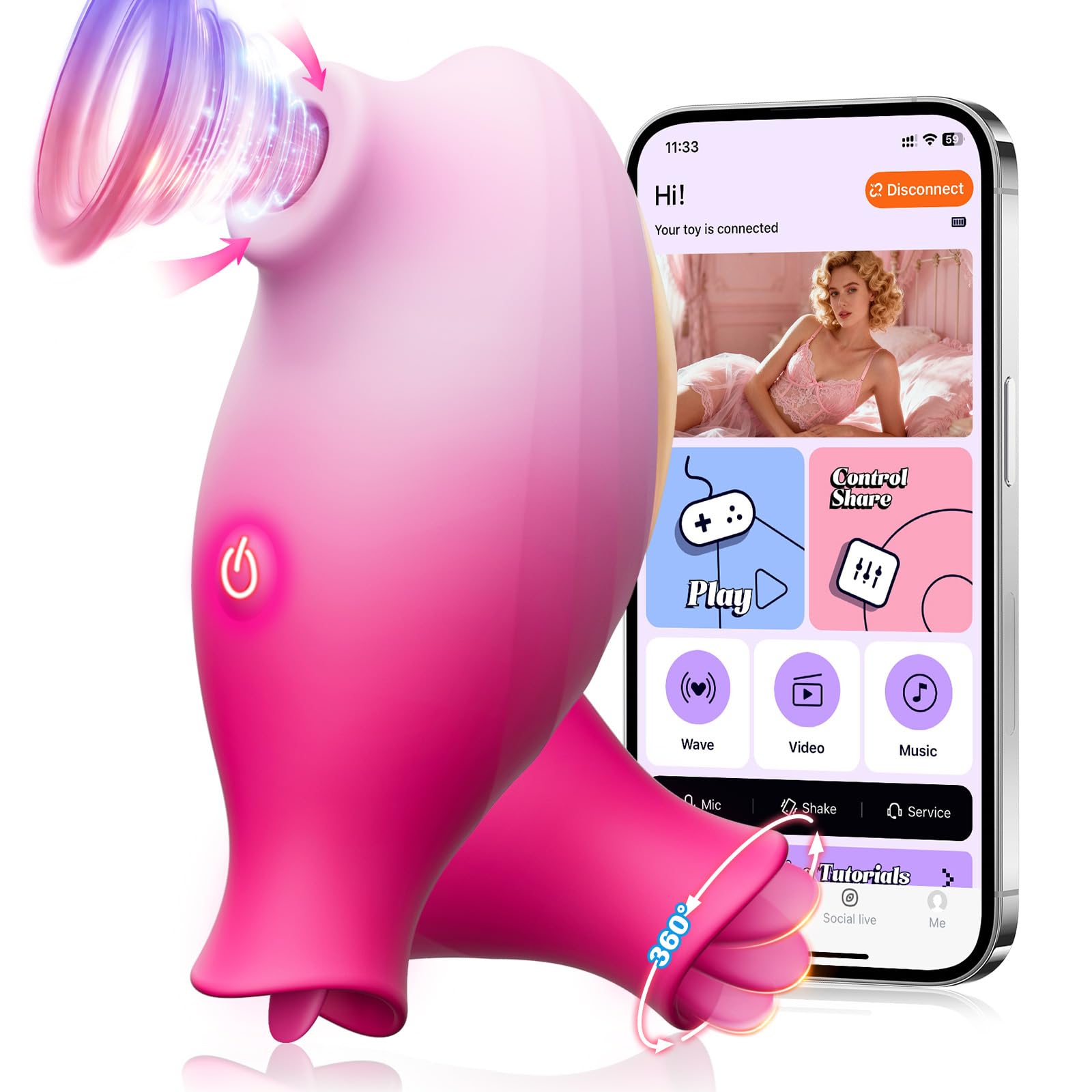 Vibromasseur Femme Clitoridien Sex Toys, 2-EN-1 Silencieux Vibromasseurs avec 10 Modes Succion & Langue, APP Contrôle, Vibro-masseur Rose Sextoyse Femme, Stimulateur Clito et Mamelons par Succion