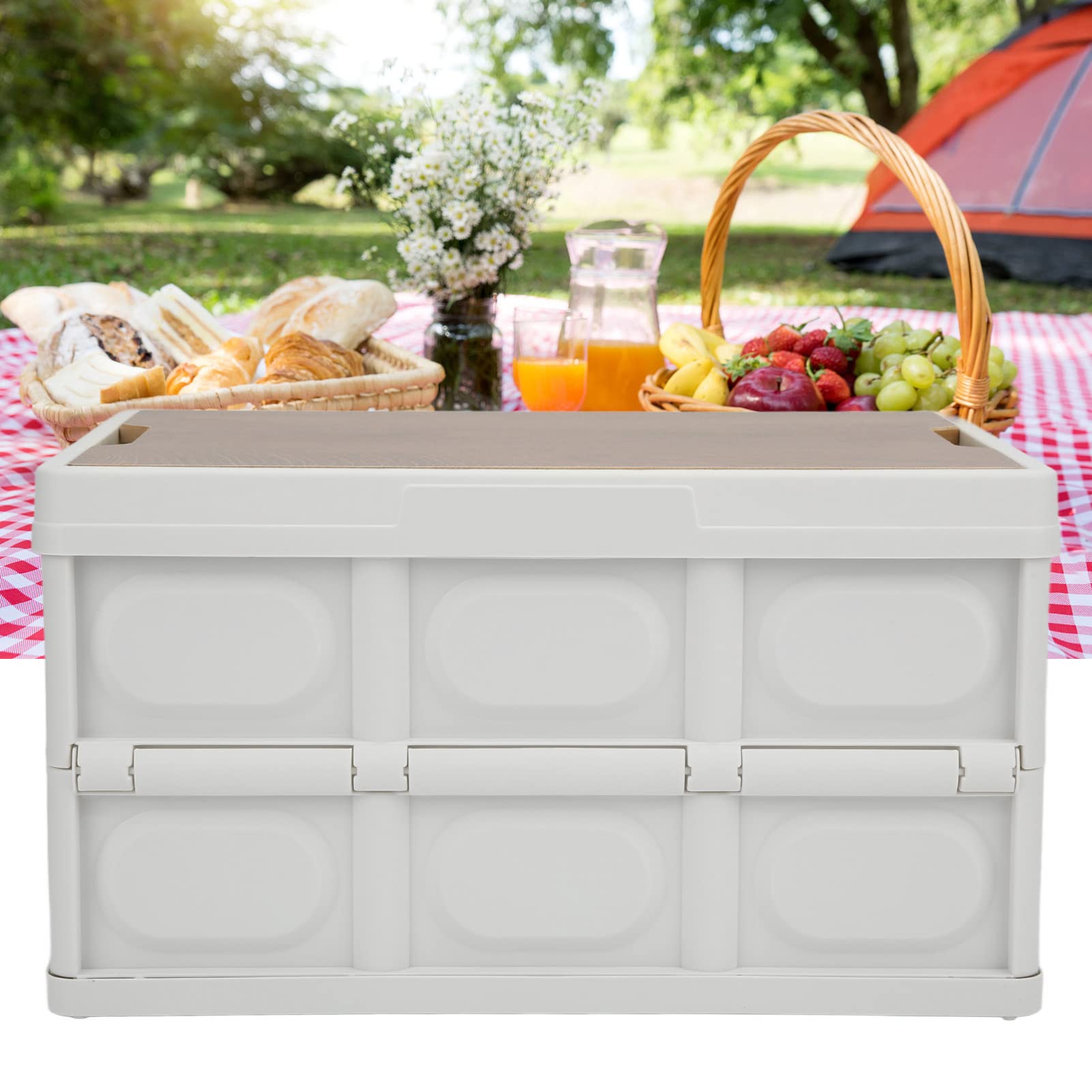 Outdoorowa Skrzynka do Przechowywania, 30 -litrowa Pudełko do Przechowywania z Drewnianymi Panelem Kempingowymi Pojemnikami do Przechowywania na Zewnątrz (WHITE)