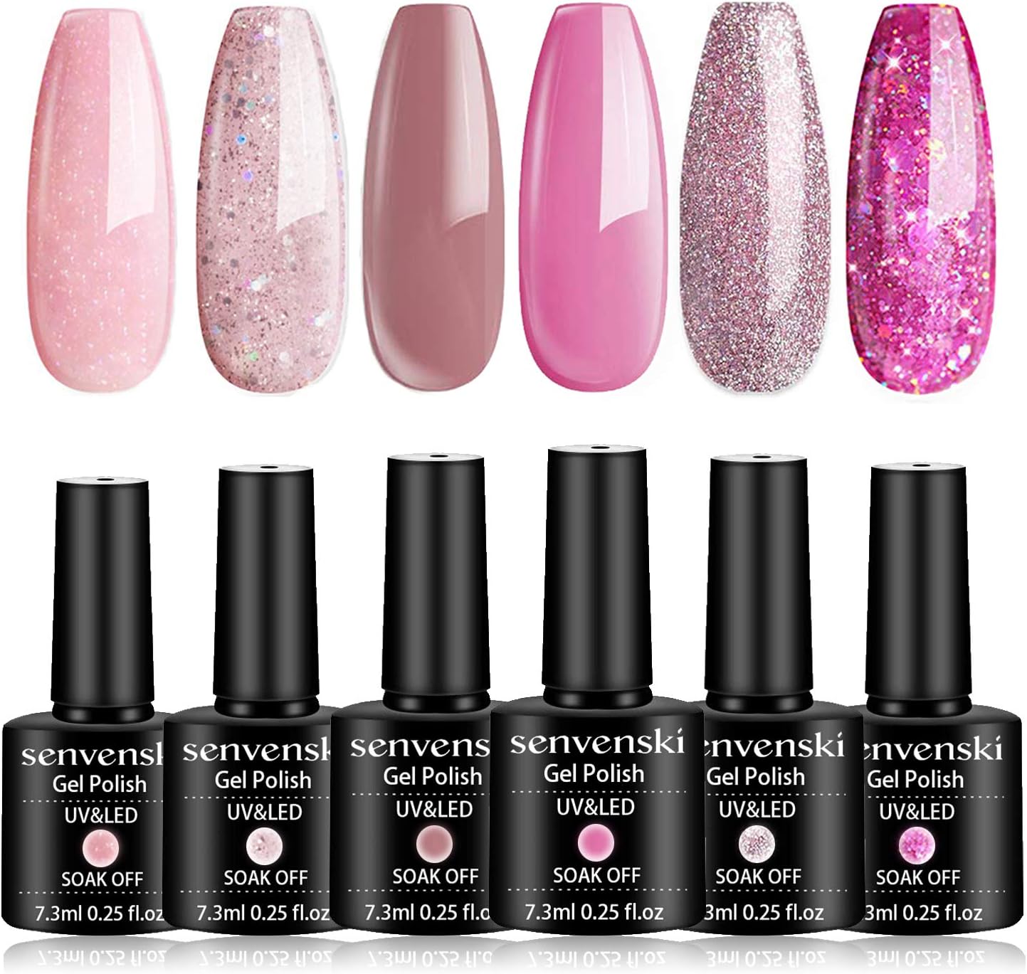 Nude Pink Gel Nail Polish Kit - UV/LED Soak Off Nail Art Set with Light Pearl Rose Blush Nude Pink Glitter Colors | Manicure Gift Kit for Women, Professional Salon Home Use(CS6-001)