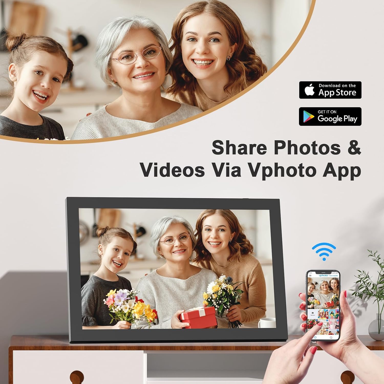 A digital picture frame displaying a family photo, with a smartphone showing the Vphoto app interface and icons for App Store and Google Play, illustrating photo and video sharing.