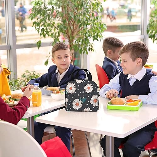 Miniatura 7 de Lonchera aislada con diseño de margaritas florales, estilo retro, color blanco, negro y naranja, con diseño de flores, hojas silvestres con