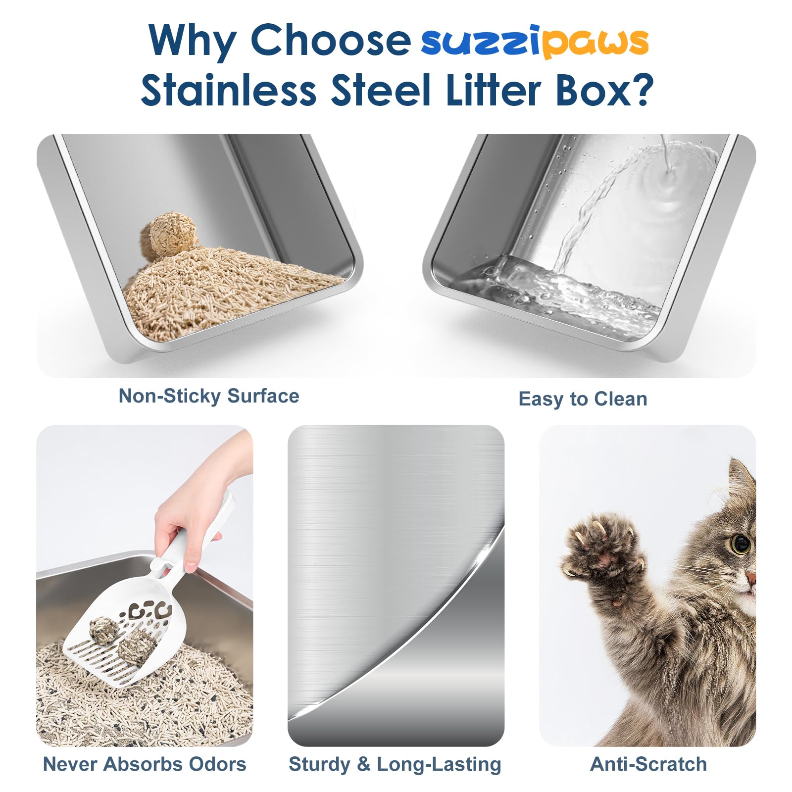 Enclosed Stainless Steel Cat Litter Box with Lid Extra Large Litter Box for Big Cats XL Metal Litter Pan Tray with High Wall Sides Enclosure, Non-Sticky, Anti-Leakage, Easy Cleaning