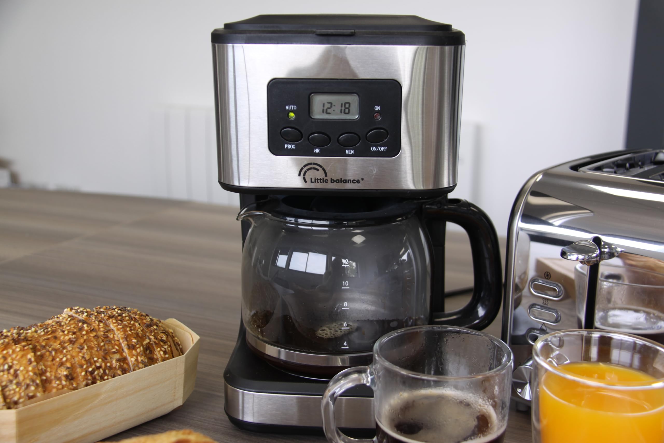 LITTLE BALANCE 8630 Caffè Control, Caffettiera Filtro, Programmabile 24h, Caraffa in vetro, 12 tazze, 900 W, Finiture Inox, Nero