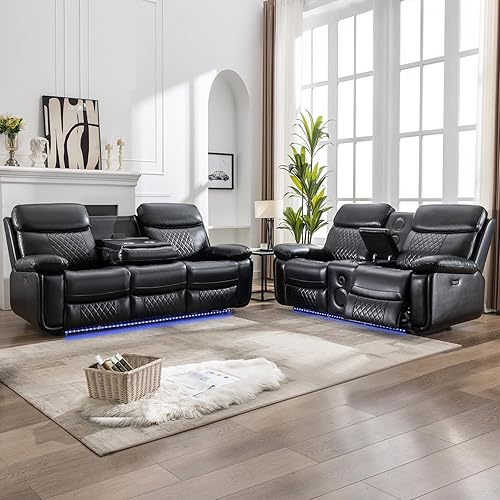 Juego de 2 sofás reclinables eléctricos con altavoces bajos para sala de estar, sofá reclinable eléctrico de 3 plazas de piel sintética con cargador