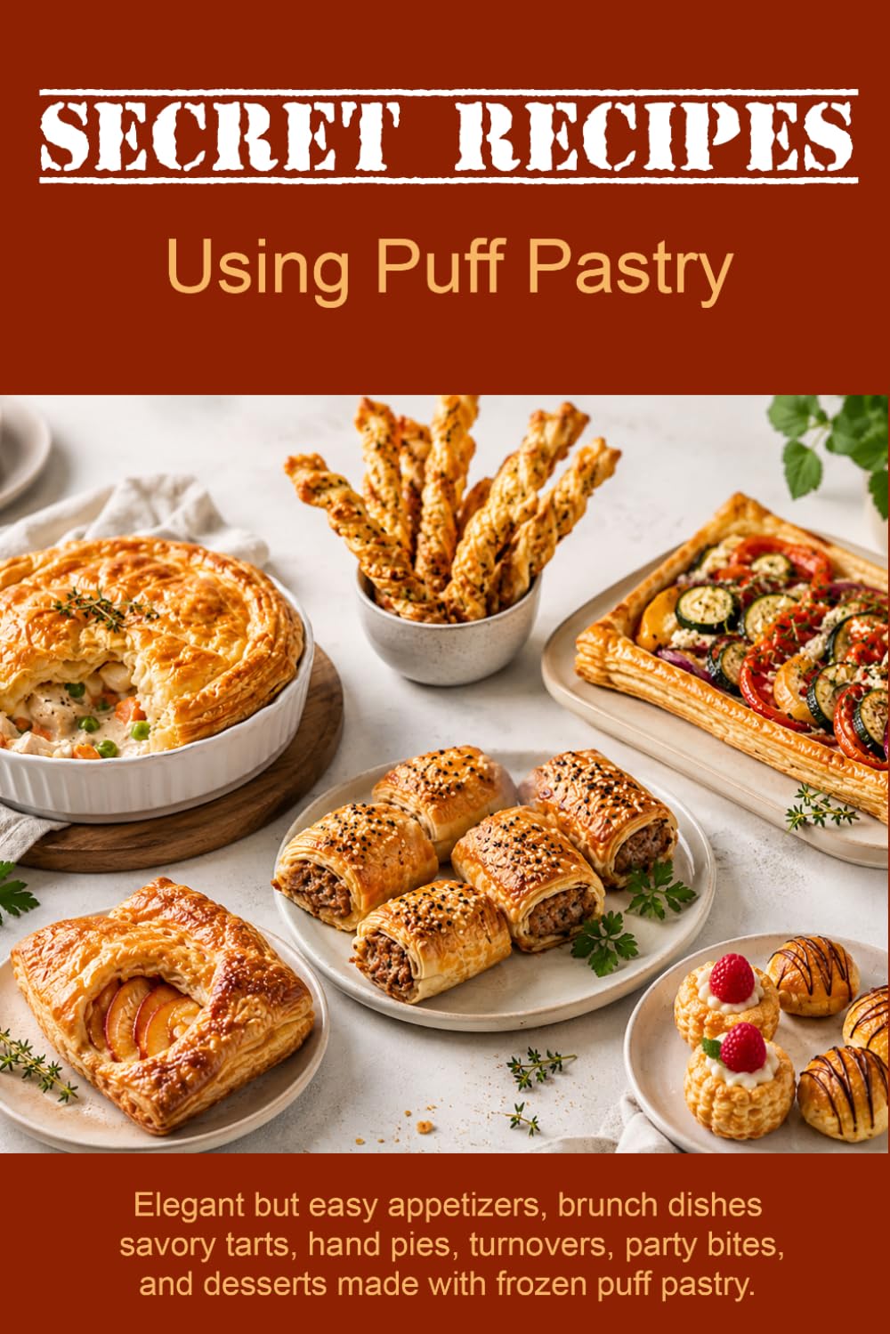 Secret Recipes Using Puff Pastry: Elegant but easy appetizers, brunch dishes, savory tarts, hand pies, turnovers, party bites, and desserts made with frozen puff pastry.