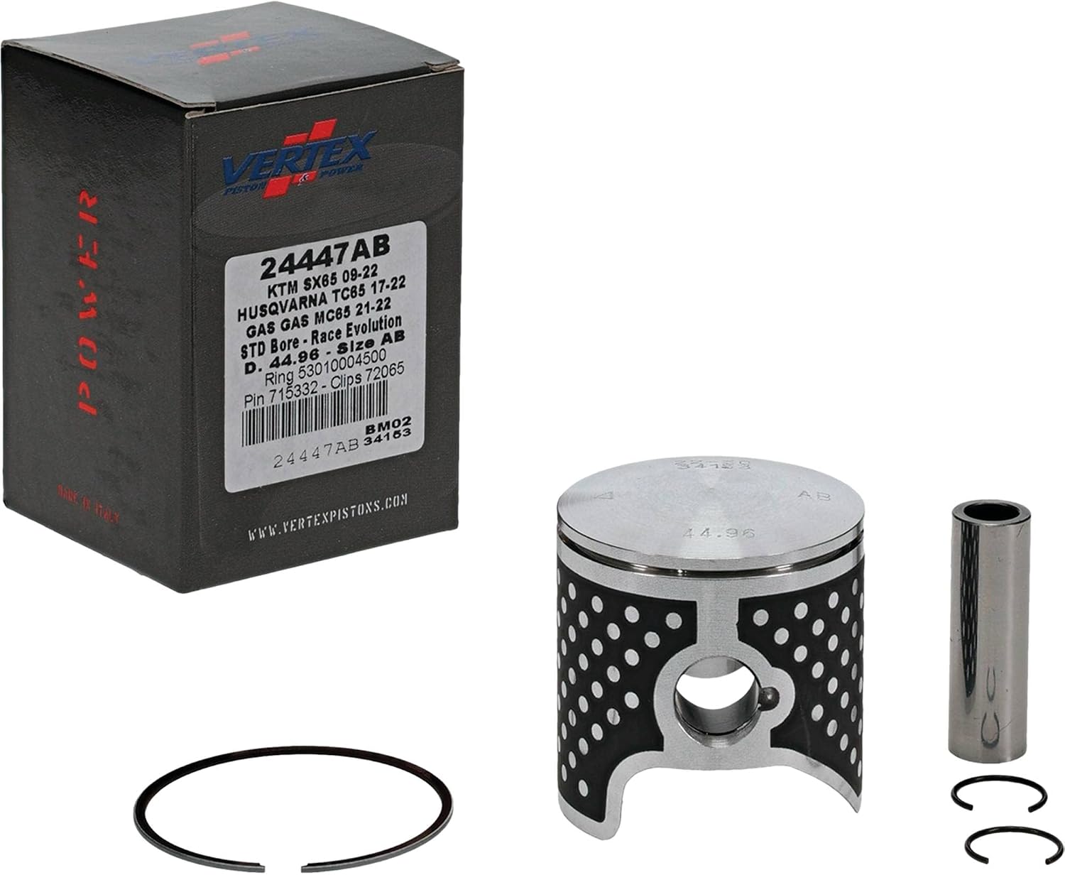 Vertex 24447AB Cast Race Piston Kit Compatible With/Replacement For KTM 65 SX 2009-2022, Gas-Gas MC 65 2020-2021, Husqvarna TC 65 2017-2022 45 mm Cylinder Diameter, 44.960mm Piston Diameter
