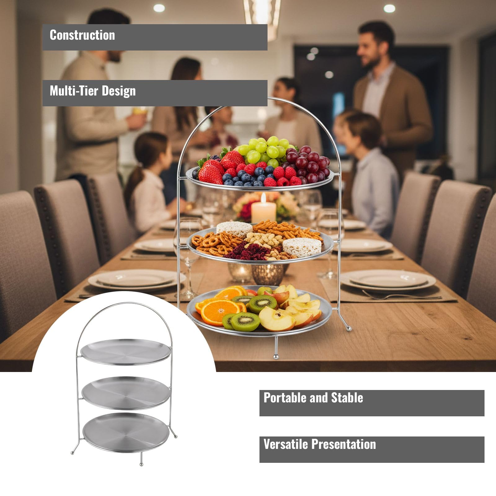 Vassoi per Alimenti, Elegante Vassoio in Acciaio Inossidabile a 3 Livelli Buffet, pentola Calda, Esposizione di Dessert, Supporto da Portata, Articoli Feste, Catering, Matrimoni, i