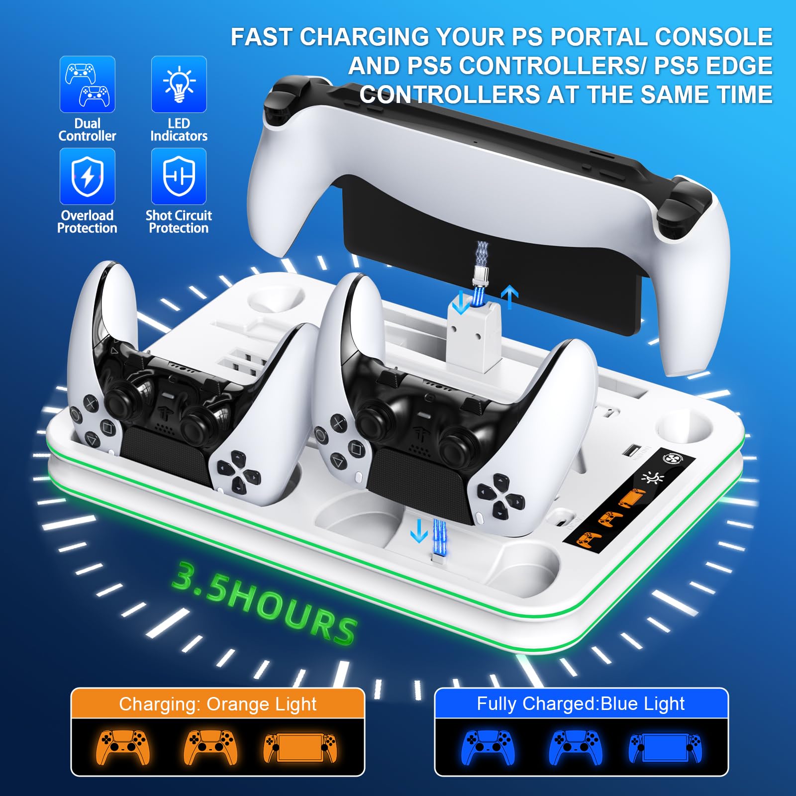 FYOUNG Supporto di raffreddamento e stazione di ricarica tutto in uno per console PS5/Slim/Pro e controller, dock di ricarica per PlayStation Portal, auricolare e supporto remoto con supporto luce RGB